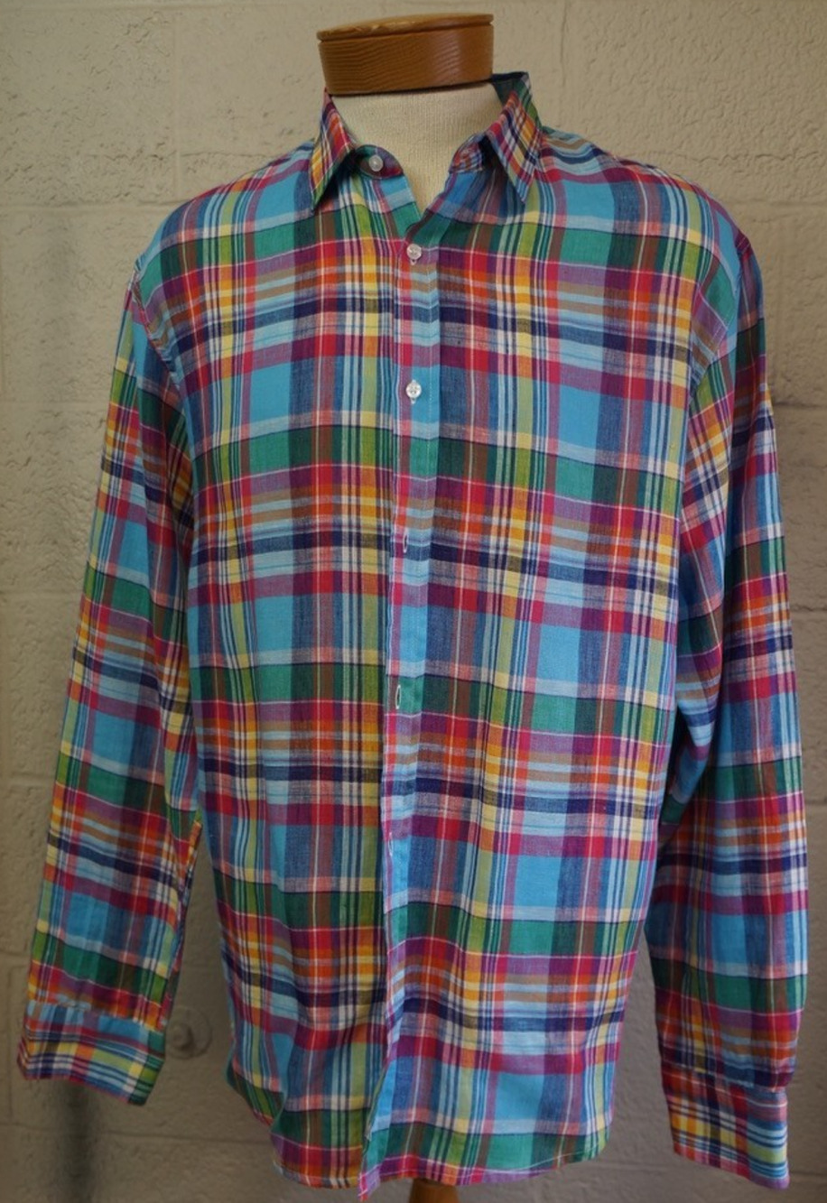 Frank & Eileen Men’s Linen Plaid Button Down Shirt Multicolor Rainbow Madras XXL